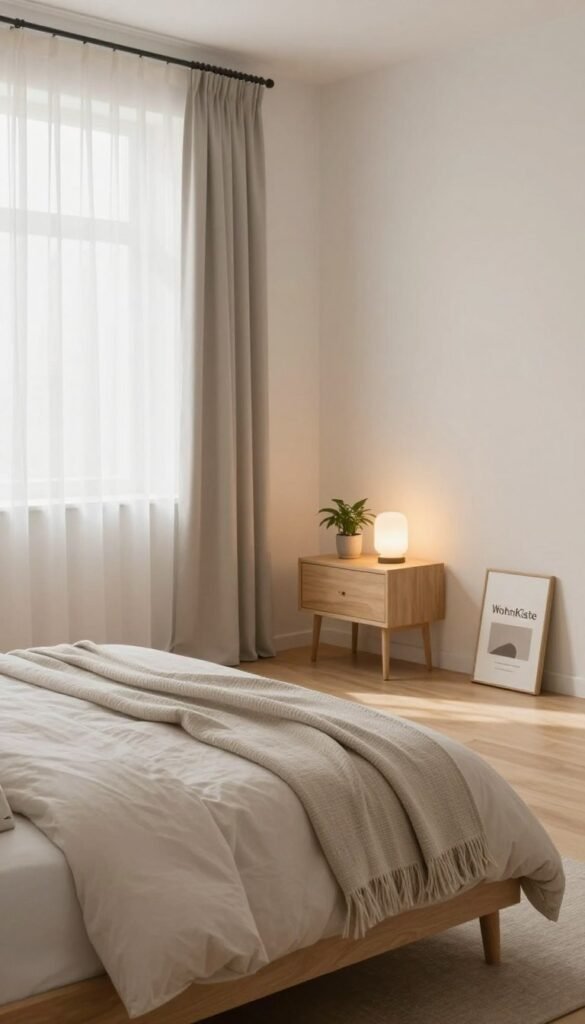 A spacious, modern bedroom designed to create a sense of openness, showcasing minimalist decor. In the foreground, a neatly made bed with soft, neutral linens and a stylish throw blanket layered on top. The middle ground features a simple nightstand with a small potted plant and a warm, inviting lamp casting soft light. The background displays a window with sheer curtains allowing natural light to fill the room, highlighting the wooden flooring and a few well-placed decorative items that maintain an airy feel. Use warm, natural colors to evoke a cozy yet spacious atmosphere. The ambiance should feel calm and serene, reminiscent of a Pinterest aesthetic. Incorporate the brand name "WohnKiste" subtly within the decor elements. A spacious, modern bedroom designed to create a sense of openness, showcasing minimalist decor. In the foreground, a neatly made bed with soft, neutral linens and a stylish throw blanket layered on top. The middle ground features a simple nightstand with a small potted plant and a warm, inviting lamp casting soft light. The background displays a window with sheer curtains allowing natural light to fill the room, highlighting the wooden flooring and a few well-placed decorative items that maintain an airy feel. Use warm, natural colors to evoke a cozy yet spacious atmosphere. The ambiance should feel calm and serene, reminiscent of a Pinterest aesthetic. Incorporate the brand name "WohnKiste" subtly within the decor elements.