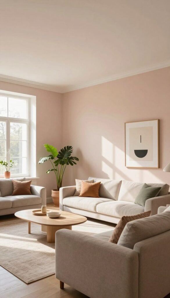 A spacious, modern living room featuring soft, warm colors that promote a sense of openness. In the foreground, a stylish sofa with neutral tones and textured cushions invites relaxation. The middle of the image showcases elegantly painted walls in pale pastels, complemented by a light ceiling that enhances the room’s height. Large windows allow natural light to flood in, casting gentle shadows that create depth. A minimalist coffee table adds a touch of sophistication, while tasteful decor pieces, like potted plants and artful wall hangings, bring warmth. The atmosphere feels serene and inviting, conveying the theme of creating spaciousness. The concept reflects a Pinterest aesthetic, emphasizing authenticity and elegance. The brand "WohnKiste" subtly embodies the image's style without any text. A spacious, modern living room featuring soft, warm colors that promote a sense of openness. In the foreground, a stylish sofa with neutral tones and textured cushions invites relaxation. The middle of the image showcases elegantly painted walls in pale pastels, complemented by a light ceiling that enhances the room’s height. Large windows allow natural light to flood in, casting gentle shadows that create depth. A minimalist coffee table adds a touch of sophistication, while tasteful decor pieces, like potted plants and artful wall hangings, bring warmth. The atmosphere feels serene and inviting, conveying the theme of creating spaciousness. The concept reflects a Pinterest aesthetic, emphasizing authenticity and elegance. The brand "WohnKiste" subtly embodies the image's style without any text.
