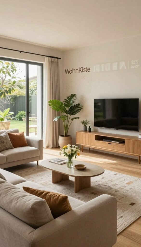 A spacious modern living room filled with natural light, featuring warm colors and a cozy yet organized atmosphere. In the foreground, a plush, neutral-tone sofa adorned with decorative pillows invites relaxation. A stylish coffee table with a small vase of fresh flowers sits in front of it. The middle ground showcases a sleek entertainment unit against a well-decorated wall, incorporating indoor plants for a touch of greenery. A contemporary rug anchors the seating area. In the background, large windows reveal a glimpse of a tranquil outdoor space, enhancing the room's connection to nature. The overall mood is inviting and harmonious, resembling a Pinterest-inspired design. The scene reflects the essence of "WohnKiste," promoting comfort and style without chaos. Soft, diffused lighting creates an inviting warmth throughout the space.