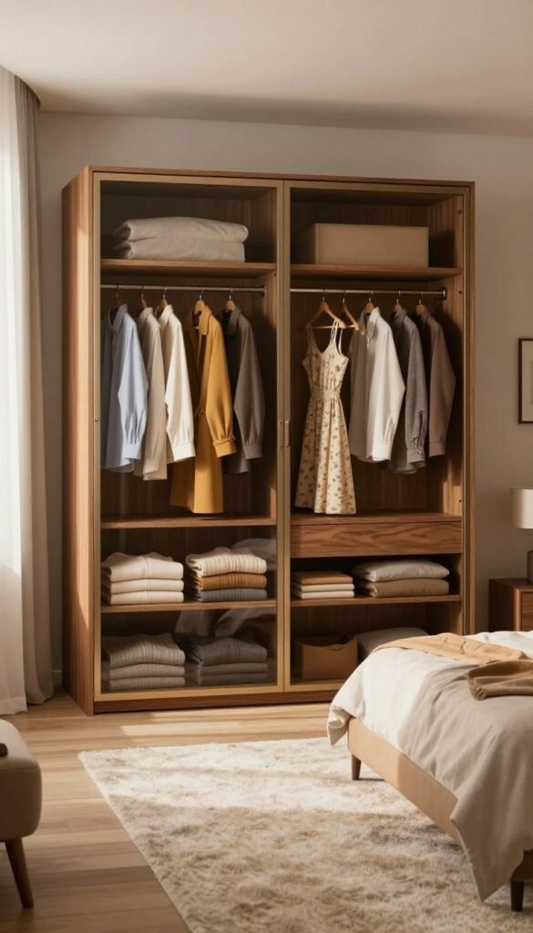 A spacious, stylish bedroom featuring a modern "WohnKiste" wardrobe at the forefront, showcasing neatly organized clothing items in warm, inviting colors. The wardrobe has an elegant wooden finish with glass doors, providing a glimpse of neatly hung shirts, dresses, and folded sweaters. In the middle of the scene, a soft, plush rug beneath a minimalist bed adorned with coordinating bedding enhances comfort. In the background, subtle natural light filters through sheer curtains, creating a serene atmosphere filled with soft shadows and highlights. The overall mood is calm and orderly, evoking a sense of tranquility and cleanliness, perfect for a dream-like sleeping environment. No text or overlays are present; the focus is purely on the aesthetic and functionality of organized space.