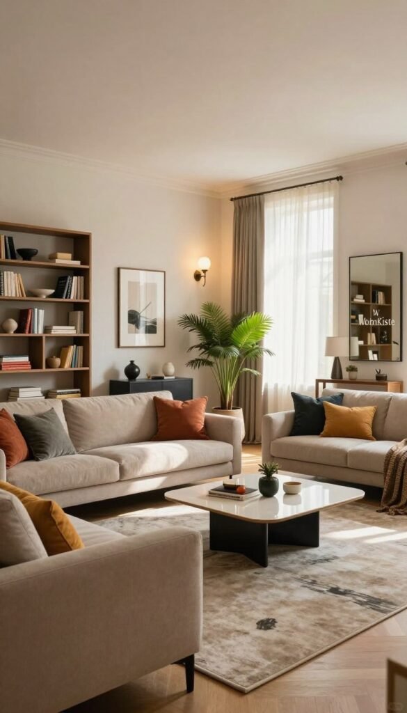 A spacious, well-lit living room designed in a contemporary style. In the foreground, a cozy beige sofa adorned with colorful cushions faces a sleek coffee table. To the left, a modern bookshelf filled with books and decorative items adds character to the space. In the middle, a stylish area rug grounds the seating area, while a couple of indoor plants bring life and color. The walls are adorned with framed artwork and a large mirror, enhancing the feeling of openness. Soft, natural light filters through sheer curtains, casting a warm, inviting glow. The background features elegant wall sconces and a tasteful ambient lighting setup, creating an inviting yet sophisticated atmosphere. This image embodies the essence of refined living space design, aligning with the aesthetic of "WohnKiste".