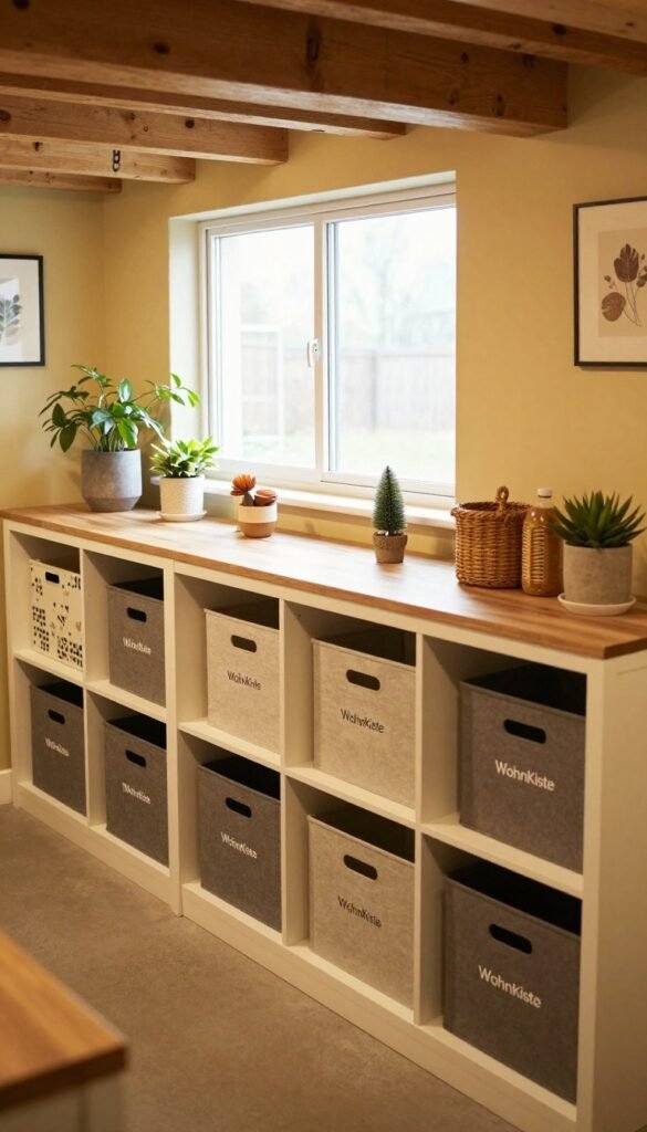 A spacious, well-organized basement storage area painted in warm, inviting colors, portraying various storage solutions by WohnKiste. In the foreground, neatly arranged shelves filled with labeled bins and boxes, some with decorative details, creating a sense of order. In the middle, a stylish wooden table displaying seasonal decor and a few houseplants for a touch of liveliness, enhancing the ambiance. The background features a large window allowing soft, natural light to filter through, casting gentle shadows that add depth. The scene is framed from a slightly elevated angle, creating a sense of depth and inviting the viewer to explore. The atmosphere is calm and inspiring, reflecting the potential of a well-organized space, perfect for creating breathing room in the home. A spacious, well-organized basement storage area painted in warm, inviting colors, portraying various storage solutions by WohnKiste. In the foreground, neatly arranged shelves filled with labeled bins and boxes, some with decorative details, creating a sense of order. In the middle, a stylish wooden table displaying seasonal decor and a few houseplants for a touch of liveliness, enhancing the ambiance. The background features a large window allowing soft, natural light to filter through, casting gentle shadows that add depth. The scene is framed from a slightly elevated angle, creating a sense of depth and inviting the viewer to explore. The atmosphere is calm and inspiring, reflecting the potential of a well-organized space, perfect for creating breathing room in the home.