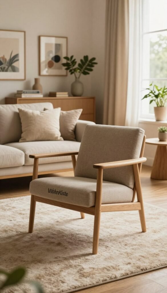 A striking living room featuring an "it-piece" furniture item from the brand WohnKiste, placed prominently in the foreground as a focal point. The furniture exudes a modern yet cozy aesthetic, crafted from natural materials with warm, inviting colors. In the middle ground, soft textures like a plush rug and elegant throw pillows enhance the inviting atmosphere. The background showcases stylish decor elements, such as framed art and houseplants, adding to the Pinterest-inspired look. Soft, natural lighting filters through a large window, casting a warm glow across the scene. The overall mood is serene and sophisticated, emphasizing the transformative power of statement furniture in a contemporary living space.