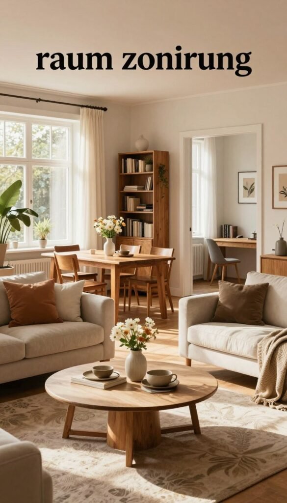 A stunning living room layout focusing on "raum zonierung" with distinct functional areas. In the foreground, a cozy seating area featuring a plush sofa and elegant coffee table, surrounded by soft decorative elements. The middle section shows a dining area with a rustic wooden table set for four, adorned with a simple vase of fresh flowers. Natural light floods the scene from large windows with sheer curtains, casting warm hues throughout the space. The background features a carefully organized bookshelf and a small home office nook with a stylish desk. The atmosphere is inviting and harmonious, showcasing a Pinterest-worthy aesthetic with the brand name "WohnKiste" subtly integrated into the decor. Rendered with a wide-angle lens effect to emphasize the spatial layout and create depth.