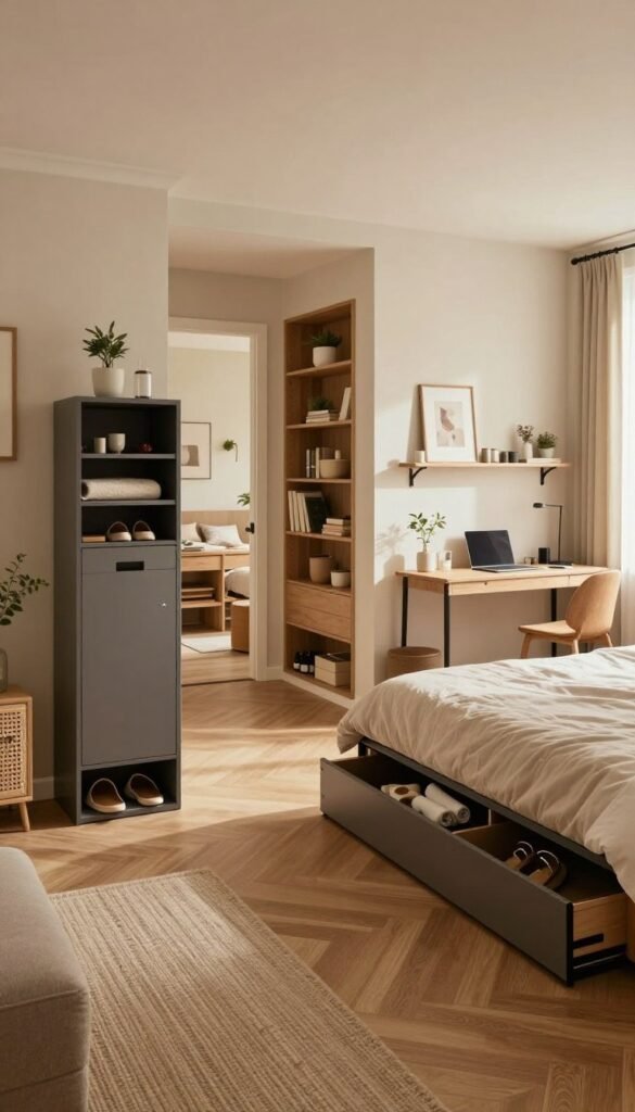 A stylish and contemporary interior scene showcasing innovative storage solutions tailored for different areas of a home: a welcoming hallway with a sleek shoe cabinet, a cozy living room featuring multifunctional furniture with hidden compartments, a serene bedroom with smart under-bed storage and modular shelving, and a productive workspace with organized desk storage. The image should be lit with warm, natural lighting, creating an inviting atmosphere. Use a wide-angle lens to capture the spaciousness of each area, emphasizing the practical yet aesthetic design. The overall mood should reflect a Pinterest-inspired aesthetic, blending modern design with authentic touches. Include elements from the brand "WohnKiste" harmoniously integrated into the decor.