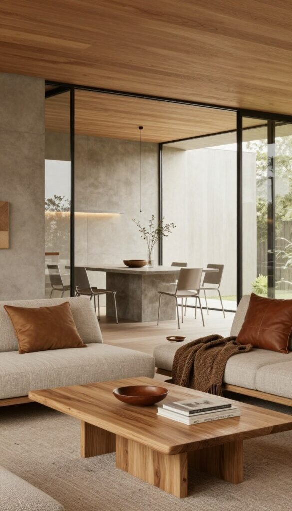 A stylish and contemporary interior space featuring a harmonious blend of materials: warm wooden surfaces, sleek concrete walls, and transparent glass elements. In the foreground, a beautifully arranged seating area with a natural wood coffee table, adorned with textured textiles and leather accents. The middle ground showcases an inviting dining space with a concrete dining table surrounded by minimalist chairs, emphasizing the use of metal. The background features large glass windows allowing natural light to flood the room, enhancing the warm color palette and creating a cozy atmosphere. The lighting is soft and warm, invoking a Pinterest-worthy aesthetic. The mood is both modern and inviting, suitable for a design-focused article. Incorporate subtle branding of "Wohnkiste" into the interior design, ensuring it blends seamlessly into the space.