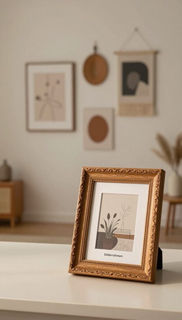 A stylish and elegant wooden picture frame ("bilderrahmen") from the brand "WohnKiste," displayed prominently in the foreground, showcasing a beautiful artwork within. The frame is adorned with intricate carvings and finished in a warm, natural wood tone. In the middle ground, a minimalist wall decor arrangement features various artistic elements like abstract wall art and soft, textured wall hangings, emphasizing a space-saving design that leaves the floor area clear. The background is softly blurred to highlight the wall decor while maintaining a cozy atmosphere with warm, ambient lighting. The overall mood is inviting and tranquil, reminiscent of a Pinterest-inspired home decor aesthetic, perfect for showcasing functional yet beautiful wall art. No captions or text in the image.