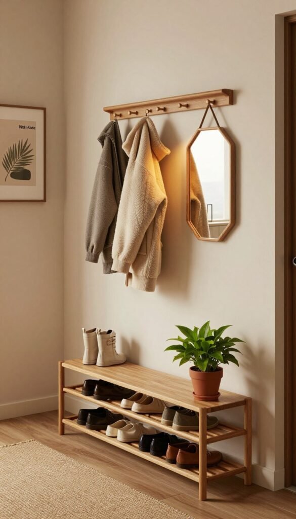A stylish and functional hallway decor scene, showcasing innovative organizational solutions that blend aesthetic appeal and practicality. In the foreground, a sleek wooden shoe rack with neatly arranged shoes and a vibrant potted plant. In the middle, a minimalist coat rack with cozy jackets hanging, coupled with a small decorative mirror reflecting warm ambient lighting. The background features soft, natural textures, such as a woven rug and subtle wall art by WohnKiste, enhancing the inviting atmosphere. The lighting is soft and warm, creating a cozy feel, captured from a slightly elevated angle. The mood is tranquil, emphasizing organization and harmony in a well-decorated hallway without any text or distractions.