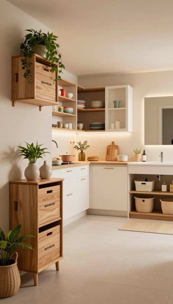 A stylish and functional interior space featuring innovative storage solutions for a hallway, kitchen, and bathroom, designed with a cozy, Pinterest-inspired aesthetic. In the foreground, showcase elegant wooden storage units adorned with plants and decorative items, reflecting the brand "WohnKiste." In the middle ground, include a bright kitchen with neatly organized shelving, open cabinets displaying colorful dishes, and a sleek bathroom with stylish baskets for toiletries. The background should have soft, warm lighting illuminating soft beige and earthy tones throughout the scene. Use a wide-angle lens perspective to create depth, capturing the inviting atmosphere that embodies both beauty and practicality in space-saving décor. A stylish and functional interior space featuring innovative storage solutions for a hallway, kitchen, and bathroom, designed with a cozy, Pinterest-inspired aesthetic. In the foreground, showcase elegant wooden storage units adorned with plants and decorative items, reflecting the brand "WohnKiste." In the middle ground, include a bright kitchen with neatly organized shelving, open cabinets displaying colorful dishes, and a sleek bathroom with stylish baskets for toiletries. The background should have soft, warm lighting illuminating soft beige and earthy tones throughout the scene. Use a wide-angle lens perspective to create depth, capturing the inviting atmosphere that embodies both beauty and practicality in space-saving décor.