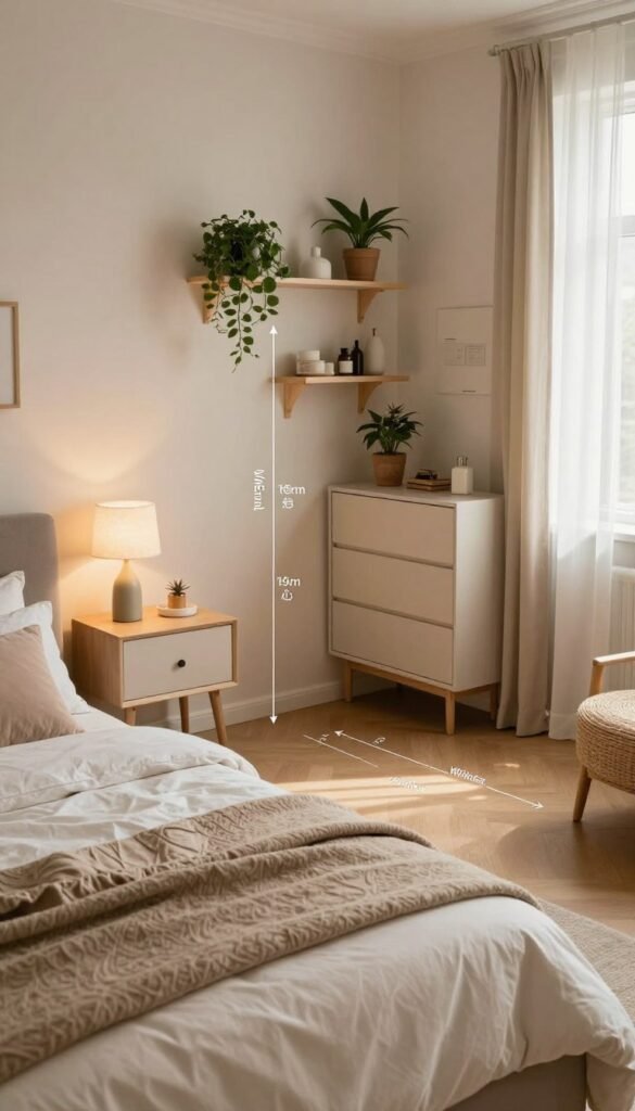 A stylish and inviting bedroom interior, featuring a spacious layout that highlights essential measurements and walking paths. In the foreground, a beautifully made bed with elegant bedding, accentuated by soft pillows. The middle ground displays a well-organized space, including a sleek bedside table, a modern dresser, and floating shelves adorned with plants and decorative items. The background showcases soft, warm lighting filtering through sheer curtains, creating a cozy atmosphere. A subtle nod to the brand "WohnKiste" can be integrated into the decor, such as a decorative item. The overall mood is serene and inspiring, capturing a Pinterest-style aesthetic with natural colors and an authentic feel. The camera angle is slightly elevated, giving a broad view of the layout without any text or overlays.