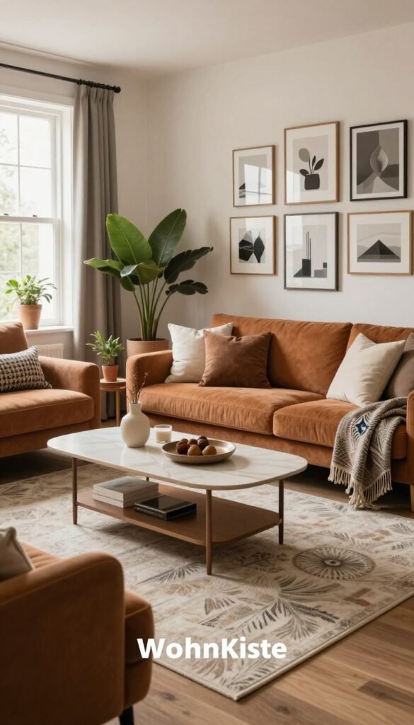 A stylish and inviting living room inspired by various interior design styles, featuring a cozy arrangement with a comfortable sofa in warm earth tones and an elegant coffee table. The foreground includes stylish cushions and a decorative throw blanket. In the middle, a chic rug anchors the seating area, surrounded by tasteful decor like potted plants and modern art pieces. The background showcases a beautifully designed wall with a gallery of framed artwork, complemented by natural light streaming in through large windows. This scene evokes a Pinterest-worthy aesthetic, emphasizing authenticity and warmth. Capture the essence of "WohnKiste" through soft, natural lighting and a focal length that creates depth, conveying a harmonious and sophisticated atmosphere.
