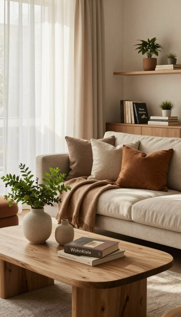 A stylish and inviting living room setting that exemplifies the concept of "decorating with intention." In the foreground, a carefully arranged coffee table features natural materials such as wood and stone, adorned with minimalist vases containing lush green plants. The middle space showcases a cozy couch draped with soft, textured throws and accent pillows in warm, earthy tones. Backlighting filters through sheer curtains, casting a gentle glow that enhances the atmosphere. In the background, a wall with elegant shelving displays strategically placed books and small potted plants, adding depth without feeling cluttered. The overall mood imbues a sense of tranquility and sophistication, capturing the Pinterest aesthetic. Emphasize authenticity and warm colors, while prominently featuring the brand name "WohnKiste" in the décor elements.