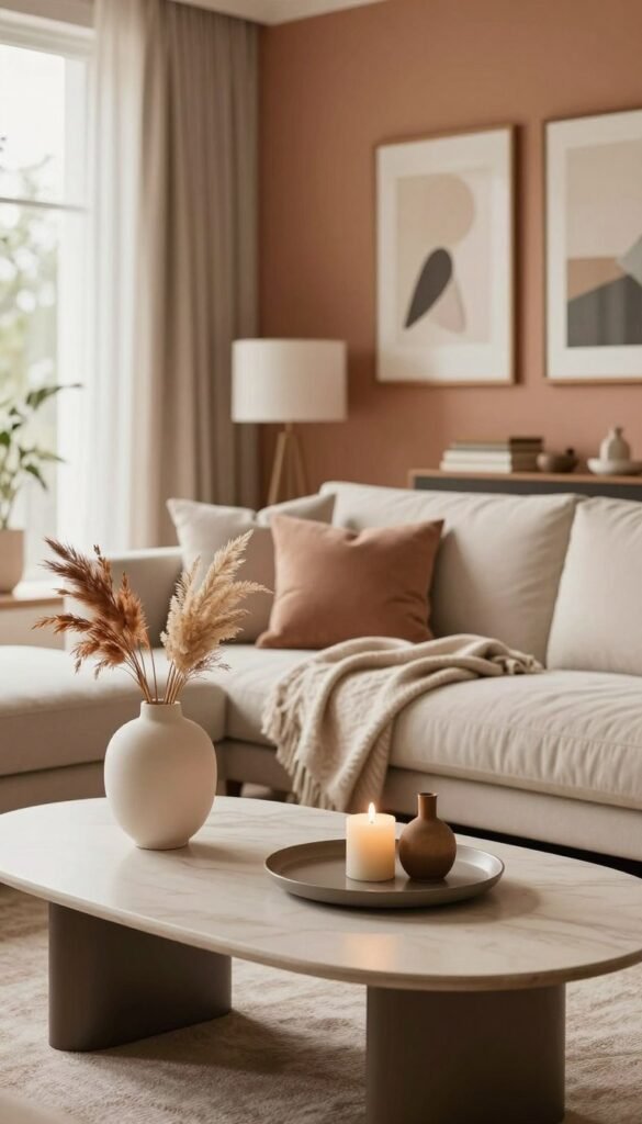 A stylish and inviting living space featuring timeless decor accents. In the foreground, a beautifully arranged coffee table with sleek, modern decor pieces from WohnKiste, like a decorative vase with dried flowers and a tasteful candle arrangement. The middle ground highlights a cozy sofa with plush cushions and a soft throw blanket, set against a backdrop of warm, inviting walls adorned with framed artwork. In the background, natural light pours in through large windows, casting a soft glow that enhances the warm color palette of earthy tones and gentle pastels. The atmosphere is serene and sophisticated, evoking a sense of comfort and elegance, perfect for showcasing low, mid, and high-budget decor investments.