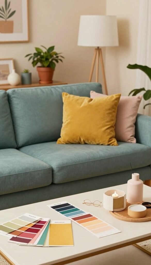 A stylish and inviting room showcasing harmonious color combinations for outfits and interiors, featuring a cozy space with an elegant couch in muted teal, accented with mustard yellow and soft blush cushions. In the foreground, a neatly arranged coffee table displays vibrant color swatches and fashion accessories in a thoughtful layout. The middle ground reveals curated decor items such as potted plants and a modern lamp, all set against a warm, softly lit backdrop that complements the color scheme. The atmosphere feels welcoming and inspirational, perfect for creativity. Capture this scene with natural lighting, emphasizing warmth, and use a slight overhead angle for an inviting perspective. The aesthetic should evoke a Pinterest vibe, showcasing the brand "Wohnkiste" in a simple, elegant way without any text or signatures.