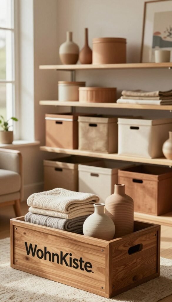 A stylish and inviting scene showcasing elegant storage solutions from the brand "WohnKiste". In the foreground, a beautifully arranged wooden storage box with intricate details, filled with decorative items like soft throws and artisanal vases. In the middle, a selection of decorative shelves adorned with various storage containers in warm, earthy tones, creating an organized yet aesthetically pleasing display. The background features a softly lit, cozy living space with natural light filtering through a window, casting gentle shadows, and highlighting the textures of the materials. The overall atmosphere is warm and homely, inviting viewers to imagine a tidy and beautifully decorated home. The mood is calm and serene, embodying a Pinterest-worthy aesthetic without any text or annotations.