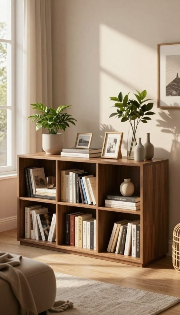A stylish and modern "bücherregal" designed by WohnKiste, prominently displayed in a cozy living room setting. In the foreground, the bookshelf is filled with an array of neatly organized books, with decorative accessories like stylish plants, picture frames, and elegant vases adding personality. The middle ground features a comfortable reading nook, complete with a plush armchair and a soft throw blanket, inviting relaxation. The background captures a softly lit room illuminated by warm, natural lighting streaming through large windows, showcasing gentle shadows that enhance the atmosphere. Overall, the scene conveys a sense of order and sophistication, with an authentic Pinterest-inspired aesthetic that embodies a clean, clutter-free lifestyle.