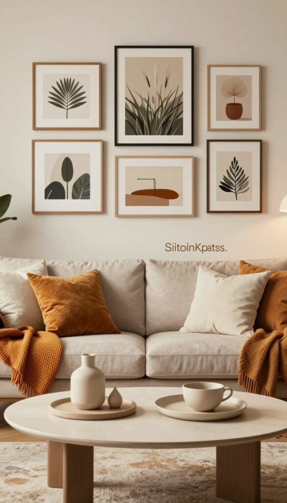 A stylish and modern interior scene set in a cozy living space, featuring a beautifully arranged "Stil Kompass" showcasing various design directions. In the foreground, a chic coffee table adorned with minimalist decor items. The middle layer includes a comfortable sofa with plush cushions and a vibrant throw, inviting relaxation. The background displays an elegant gallery wall showcasing framed art pieces that represent different styles, such as Scandinavian, bohemian, and industrial. Soft, warm lighting floods the room, creating a welcoming atmosphere. The composition captures a Pinterest-inspired aesthetic with natural colors and textures, portraying an authentic feel. No text or watermarks. Include brand elements subtly representing "WohnKiste," ensuring a professional, clean look.