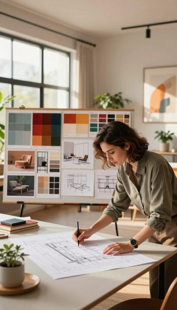 A stylish and modern interior space showcasing a meticulous planning process for Raumplanung. In the foreground, a professional designer, dressed in smart casual attire, is reviewing blueprints and sketches on a sleek table. The middle ground features a large mood board filled with vibrant swatches, materials, and images, representing diverse Raumgestaltung elements like furniture, color palettes, and layouts. In the background, large windows allow warm, natural light to flood the room, casting soft shadows. The walls are adorned with tasteful artwork and plants, adding a welcoming touch. The atmosphere is one of creativity and focus, ideal for meticulous planning. Ensure the image reflects the essence of WohnKiste, embodying authenticity and a Pinterest-worthy aesthetic, with warm colors and no text elements.