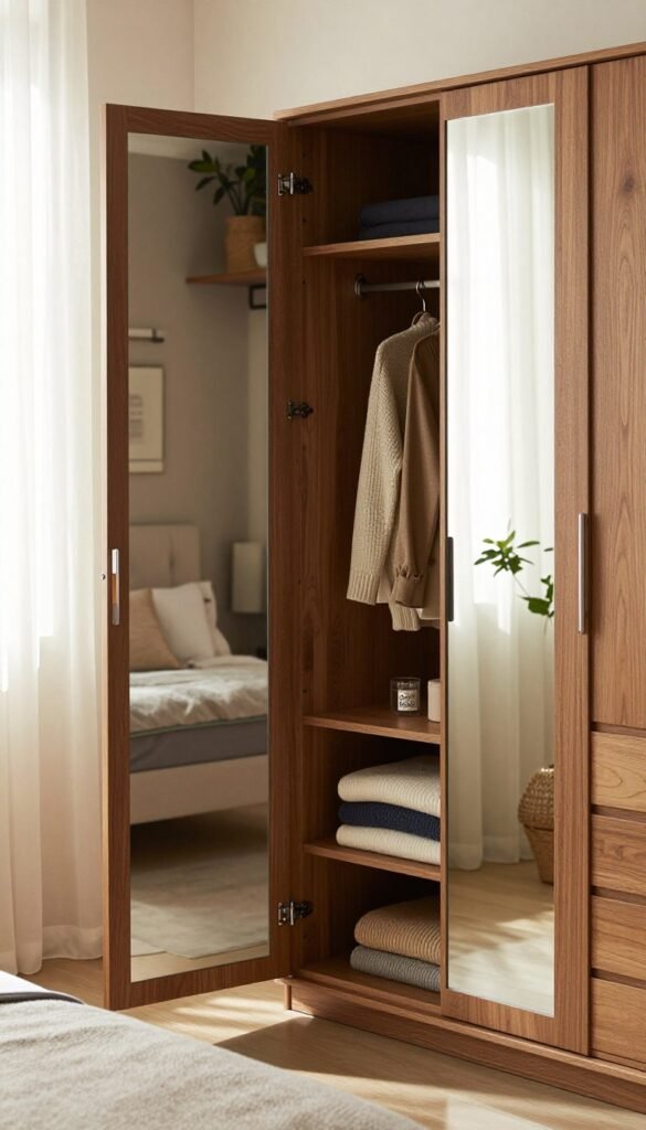A stylish and modern "kleiderschrank" designed to maximize storage while minimizing space. The wardrobe features sleek lines, a warm wood finish, and strategically placed mirrors to enhance the sense of space. In the foreground, an open door showcases neatly organized clothes, with shelves displaying neatly folded sweaters and accessories. In the middle ground, a cozy bedroom setting includes soft, natural lighting filtering through sheer curtains, casting gentle shadows. In the background, the ambiance is enhanced by a subtle, tasteful decor that reflects a Pinterest-style aesthetic, with plants and minimalistic design elements. The overall mood is inviting and harmonious, emphasizing a feeling of comfort and clever design. Brand name "WohnKiste" subtly integrated into the design elements, without any text overlays.