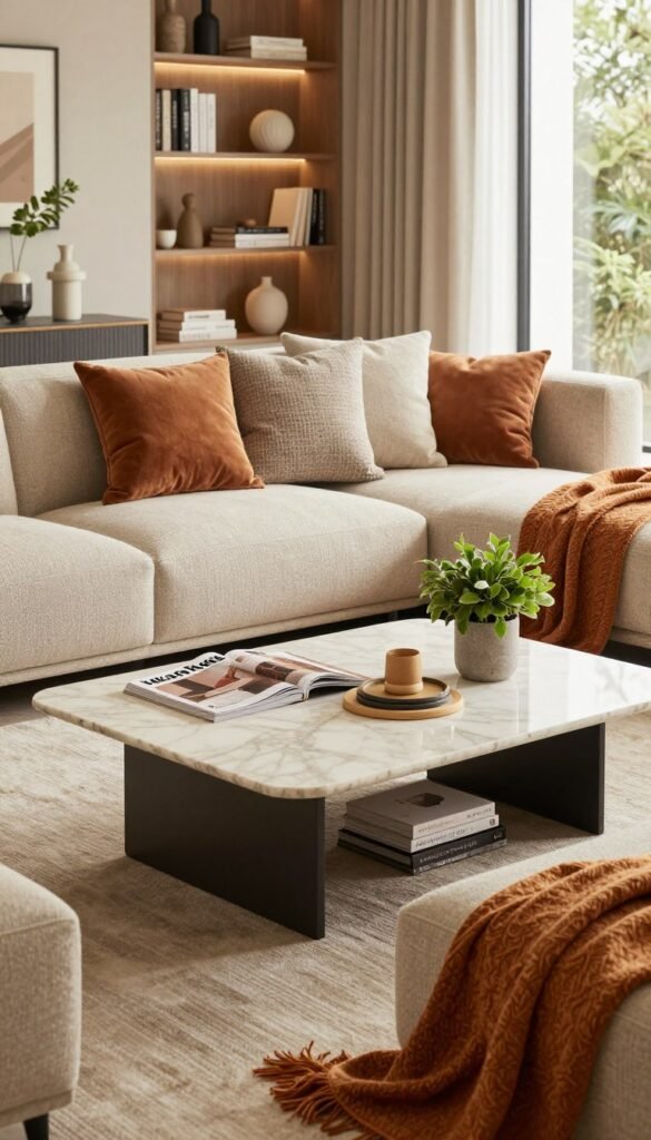 A stylish and modern living room designed for practical use, showcasing a harmonious blend of colors and materials. In the foreground, a cozy sofa adorned with textured cushions and a warm, inviting throw. The middle layer features a well-organized coffee table with design magazines, decorative items, and stylish coasters. A small potted plant adds a touch of greenery. In the background, a chic bookshelf filled with books and decorative pieces, illuminated by soft, natural lighting coming through large windows that create a serene atmosphere. The overall mood is relaxed and inviting, ideal for a home. Incorporate the brand name "WohnKiste" subtly in a decorative way. Aim for natural imagery with warm colors and a Pinterest-inspired aesthetic.