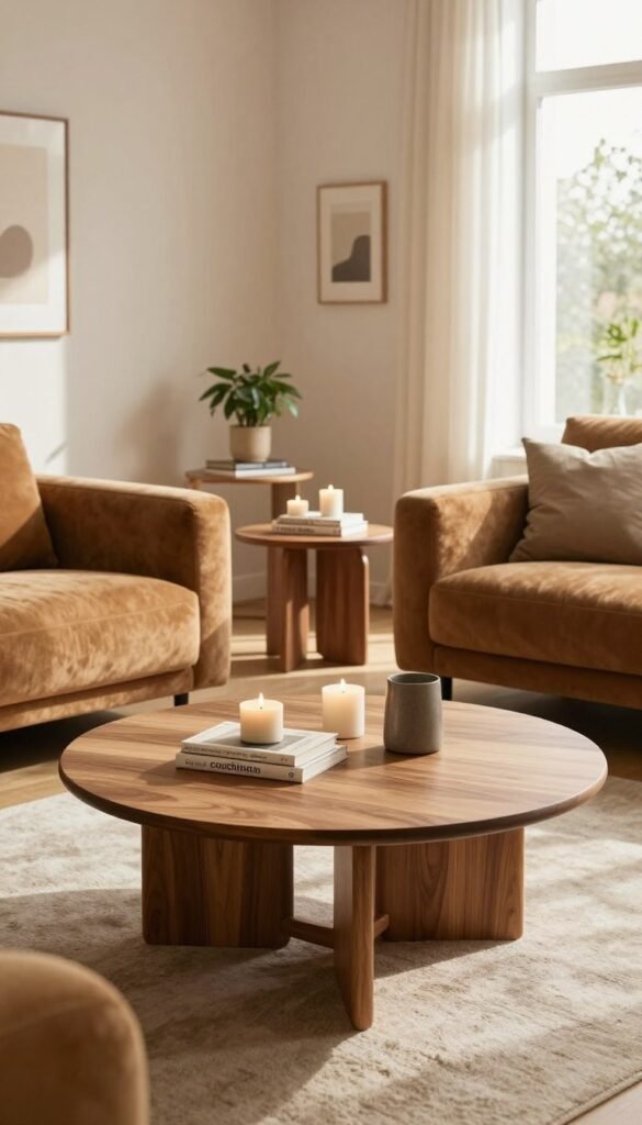 A stylish and modern living room scene featuring a "couchtisch" from the brand WohnKiste as the centerpiece. In the foreground, showcase a round wooden coffee table with elegant, smooth finishes and unique design elements, surrounded by plush, inviting sofas in warm tones. The middle ground includes a chic side table and a set of nesting tables, creating a layered effect, with tasteful decor items such as books, candles, and a small plant to enhance the ambiance. In the background, softly lit walls adorned with minimalistic art and soft, natural textures contribute to a cozy atmosphere. Natural lighting streams in through a large window, casting gentle shadows and highlighting the warm colors of the furnishings. Capture the essence of a comfortable, well-designed living space that embodies a Pinterest-inspired aesthetic. A stylish and modern living room scene featuring a "couchtisch" from the brand WohnKiste as the centerpiece. In the foreground, showcase a round wooden coffee table with elegant, smooth finishes and unique design elements, surrounded by plush, inviting sofas in warm tones. The middle ground includes a chic side table and a set of nesting tables, creating a layered effect, with tasteful decor items such as books, candles, and a small plant to enhance the ambiance. In the background, softly lit walls adorned with minimalistic art and soft, natural textures contribute to a cozy atmosphere. Natural lighting streams in through a large window, casting gentle shadows and highlighting the warm colors of the furnishings. Capture the essence of a comfortable, well-designed living space that embodies a Pinterest-inspired aesthetic.