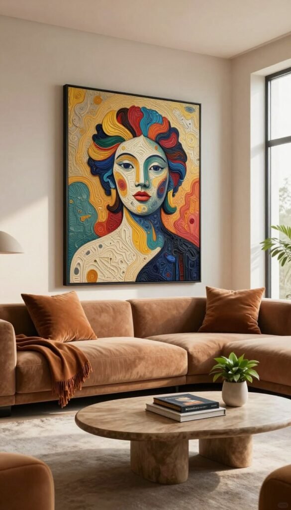 A stylish and modern living room showcasing a statement piece that embodies elegance and uniqueness. In the foreground, a striking oversized artwork or a beautifully designed sculpture serves as the focal point, intricately detailed with vibrant colors and textures. The middle ground features a minimalist sofa adorned with plush cushions in warm tones, complementing the statement piece. A chic coffee table with organic shapes sits nearby, holding a few stylish books and a small potted plant. The background includes soft, natural lighting coming through large windows, illuminating the space and casting gentle shadows. The overall atmosphere is inviting and sophisticated, enhanced by warm colors and a Pinterest-inspired aesthetic, creating an authentic and harmonious vibe. Ensure the brand name "WohnKiste" subtly integrates into the decor elements.
