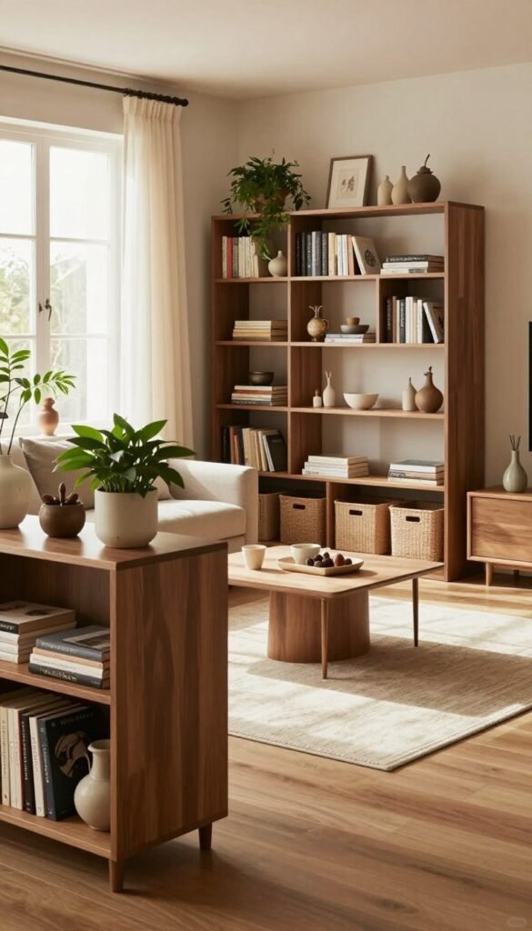 A stylish and modern living room showcasing effective storage solutions with a Pinterest aesthetic. In the foreground, a sleek, multi-tiered bookshelf filled with decorative items and plants, emphasizing vertical storage. The middle ground features a cozy seating area, with a minimalistic coffee table and neat storage baskets under a chic console. In the background, sunlight streams through a large window, illuminating the warm, earthy color palette of the room. Utilize corner spaces with a clever shelving unit designed to fit snugly, highlighting the theme of maximizing corner areas. The atmosphere is inviting and organized. The brand "WohnKiste" subtly integrated into the decor, with no visible text in the image. The scene captures a harmonious blend of function and aesthetic, promoting thoughtful living.