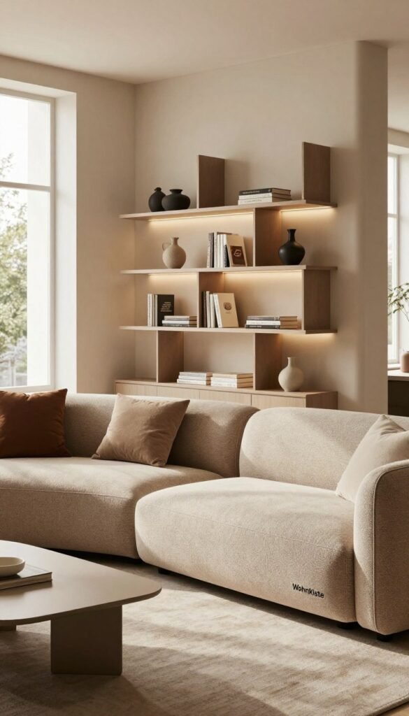 A stylish and modern living space featuring innovative furniture pieces that reflect contemporary design trends. In the foreground, a sleek, modular sofa with warm textile textures in neutral colors, paired with a minimalist coffee table with clean lines. In the middle, a beautifully arranged area with a unique bookshelf that showcases both books and decorative items, illuminated by soft, ambient lighting. The background features light and airy windows allowing natural sunlight to filter through, creating a cozy atmosphere. The entire scene reflects a Pinterest-inspired aesthetic with earthy tones and stylish decor elements. The brand "WohnKiste" subtly represented in the furniture design. The mood is inviting and fresh, emphasizing modern living without sacrificing comfort or style.