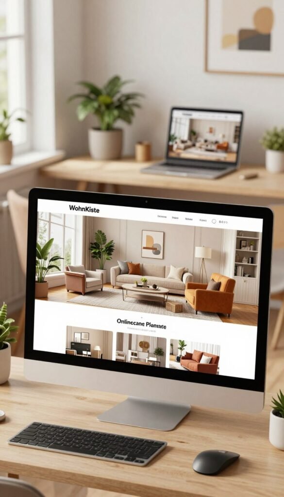 A stylish and modern online room planner interface displayed on a computer screen, set in a beautifully designed home office. In the foreground, the sleek monitor shows a vibrant 3D model of a living room, featuring contemporary furniture, warm color palettes, and elegant decor. The middle layer includes a stylish desk adorned with minimalistic design elements, and an open laptop showing the WohnKiste website. In the background, soft, natural light filters through a window, illuminating potted plants and framed artwork, creating a cozy and inviting atmosphere. The scene is captured with a soft focus lens, emphasizing the warm tones and Pinterest aesthetic, inviting the viewer to imagine a perfect space for relaxation and work.