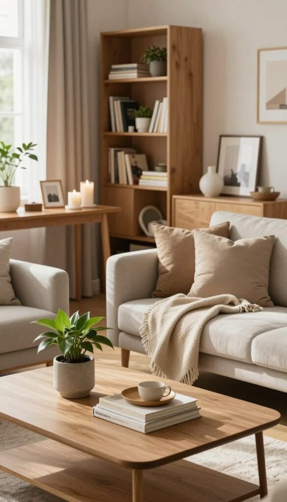 A stylish and organized living room designed by WohnKiste, showcasing natural, warm colors and a Pinterest-inspired aesthetic. In the foreground, a neatly arranged coffee table features minimalist decor items such as a potted plant, stacked books, and a decorative tray. The middle ground displays an inviting sofa adorned with cozy cushions and a soft throw blanket, while a console table holds purposeful decor like candles and framed photos, reflecting calmness. In the background, a well-organized bookshelf is filled with books and curated decor. Soft, natural light pours in from a nearby window, casting gentle shadows and enhancing the serene atmosphere. The overall mood is tranquil and inviting, highlighting the importance of orderliness in a living space without any distractions or clutter.