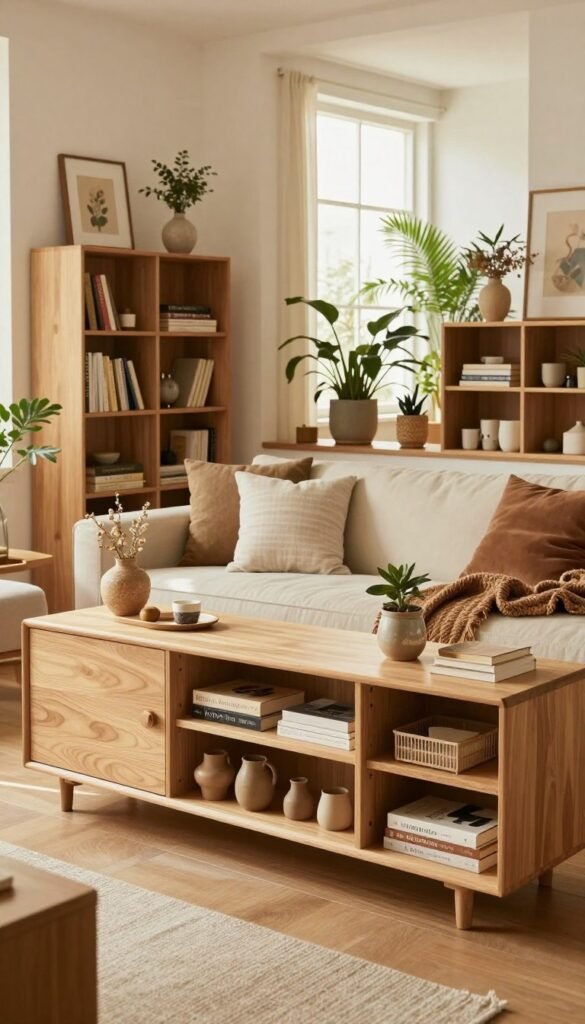 A stylish and organized living room featuring smart storage solutions by WohnKiste. In the foreground, beautifully crafted storage furniture like a minimalist sideboard and shelving units filled with neatly arranged books and decorative items. The middle layer showcases a cozy seating arrangement with plush cushions and throws, inviting relaxation. The background presents a soft, well-lit window with lush indoor plants, emitting warm natural light that creates an inviting atmosphere. The overall design reflects a harmonious blend of functionality and aesthetics, with warm, earthy colors, adding a touch of elegance. The scene evokes a sense of peace, order, and modern living, perfect for a Pinterest-worthy interior.