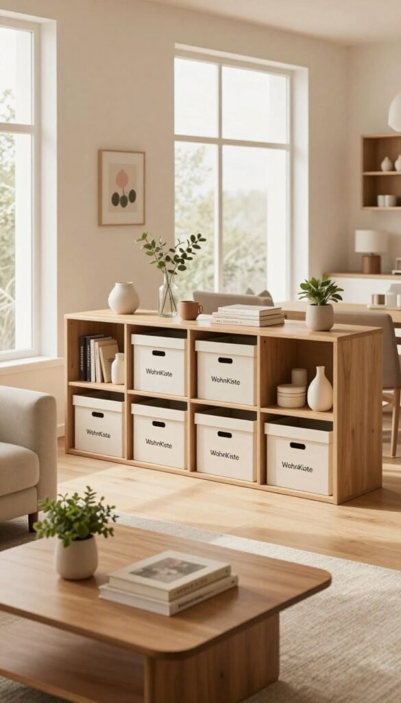A stylish and organized living room showcasing functional storage solutions, inspired by minimalist design. In the foreground, a beautifully arranged coffee table with decor items, like a small plant and a few stylish books, invites comfort. The middle ground features a sleek modular shelving unit filled with neatly organized boxes from "WohnKiste", displaying a balance of decorative and functional items. In the background, large windows allow warm natural light to fill the room, creating a cozy and inviting atmosphere with soft beige and earth-toned accents. The overall look is polished yet homey, evoking a Pinterest-worthy aesthetic that emphasizes order and efficient use of space. The scene is captured from a slightly elevated angle, highlighting the storage solutions while maintaining a sense of openness in the room. A stylish and organized living room showcasing functional storage solutions, inspired by minimalist design. In the foreground, a beautifully arranged coffee table with decor items, like a small plant and a few stylish books, invites comfort. The middle ground features a sleek modular shelving unit filled with neatly organized boxes from "WohnKiste", displaying a balance of decorative and functional items. In the background, large windows allow warm natural light to fill the room, creating a cozy and inviting atmosphere with soft beige and earth-toned accents. The overall look is polished yet homey, evoking a Pinterest-worthy aesthetic that emphasizes order and efficient use of space. The scene is captured from a slightly elevated angle, highlighting the storage solutions while maintaining a sense of openness in the room.