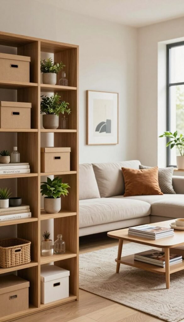 A stylish and organized living space designed to showcase efficient storage solutions without clutter. In the foreground, a sleek, modern shelving unit made of light wood, filled with decorative boxes and potted plants, suggests functionality and aesthetics. In the middle, a cozy sofa adorned with textured cushions complements the warm color palette, alongside an elegant coffee table with magazines neatly arranged. The background features a subtle wall art piece and a large window inviting soft, natural light into the room, enhancing the inviting atmosphere. The overall mood is peaceful and contemporary, reflecting the essence of WohnKiste, with a Pinterest-inspired aesthetic emphasizing warmth, authenticity, and harmonious design.