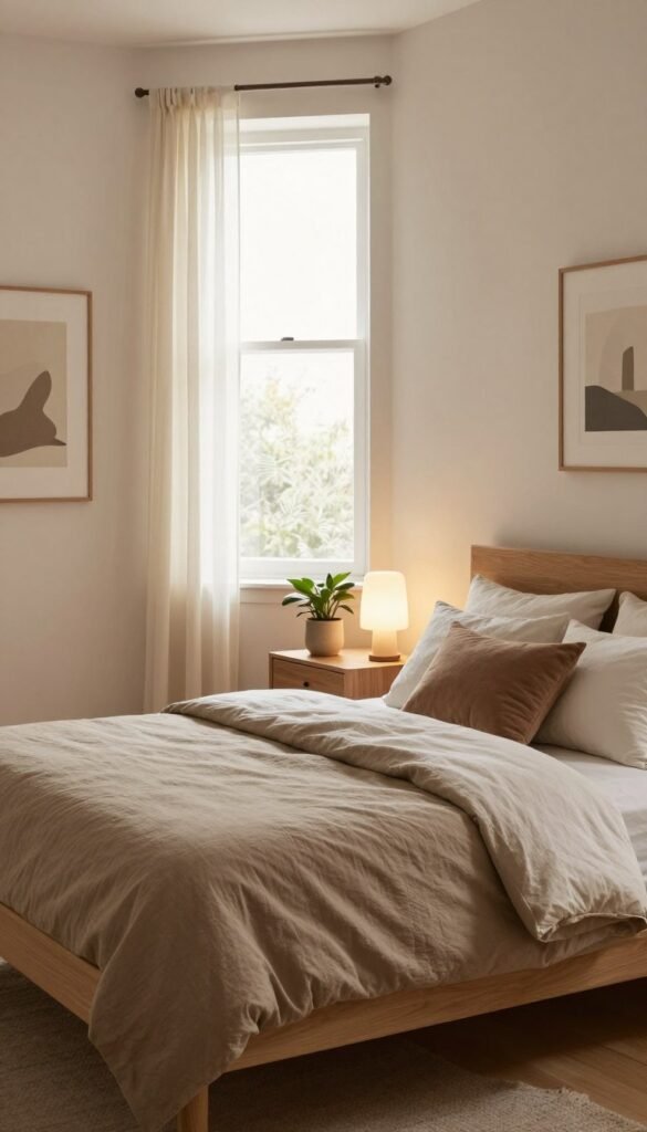 A stylish and serene bedroom interior designed for a cozy atmosphere. In the foreground, a neatly made bed with earthy-toned linens and accent pillows, surrounded by minimalist wooden furniture. In the middle ground, a stylish nightstand with a small potted plant and a softly glowing lamp. The background features an inviting window with sheer curtains, allowing warm natural light to fill the room, creating a sense of tranquility. The walls are painted in soft, neutral colors, adorned with tasteful art pieces. The overall mood is calm and harmonious, with a Pinterest-inspired aesthetic. The image reflects the essence of a refined Schlafzimmer. Emphasize authenticity and warmth. No text, watermarks, or signatures. Brand name "WohnKiste" integrated subtly into the room's decor.