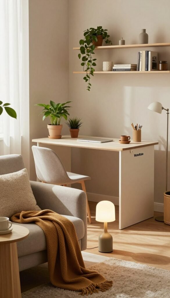 A stylish and serene interior space designed for small living areas, showcasing effective room planning tips. In the foreground, a cozy reading nook with a comfortable armchair and a small side table, adorned with a warm, inviting blanket and a trendy lamp. The middle ground features a multifunctional space with a compact dining table and smart storage solutions, accentuated by houseplants in natural pots, adding a touch of greenery. The background reveals light-colored walls and open shelving with neatly organized books and decorative items. The scene is illuminated by soft, natural light filtering through a window, creating a warm atmosphere. Include elements that reflect the brand "WohnKiste," focusing on a Pinterest-inspired aesthetic, with a harmonious blend of modern and cozy decor styles.