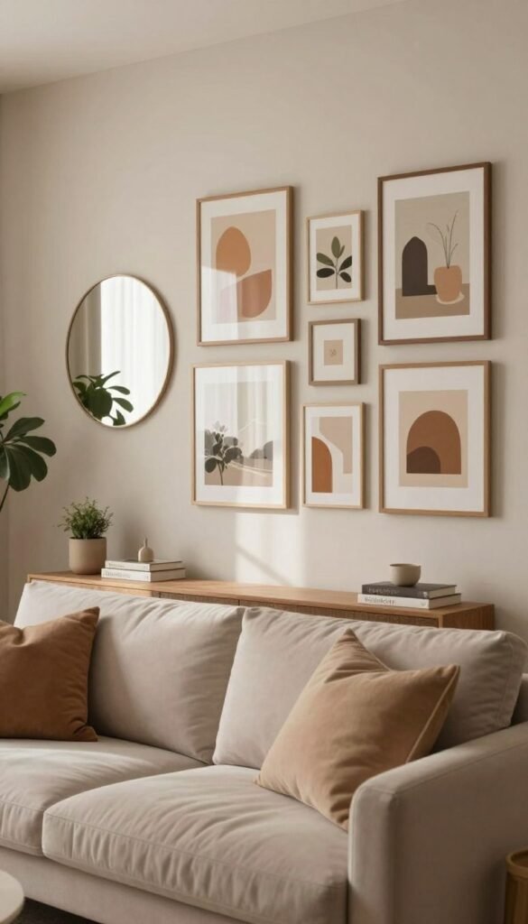 A stylish and serene living room interior featuring elegantly arranged art pieces and mirrors on soft, muted walls. In the foreground, a plush sofa adorned with cozy pillows invites relaxation. The middle ground showcases a gallery wall with a diverse collection of framed artworks in warm tones, complemented by a large, round mirror that reflects natural light, enhancing the sense of space. In the background, subtle decorative elements like houseplants and tastefully arranged books create a peaceful atmosphere. Use soft, diffused lighting to create a warm, inviting ambiance, akin to a Pinterest aesthetic, ensuring authenticity without any text or branding within the image. Include the brand name "WohnKiste" subtly reflected in the designs of the artworks.