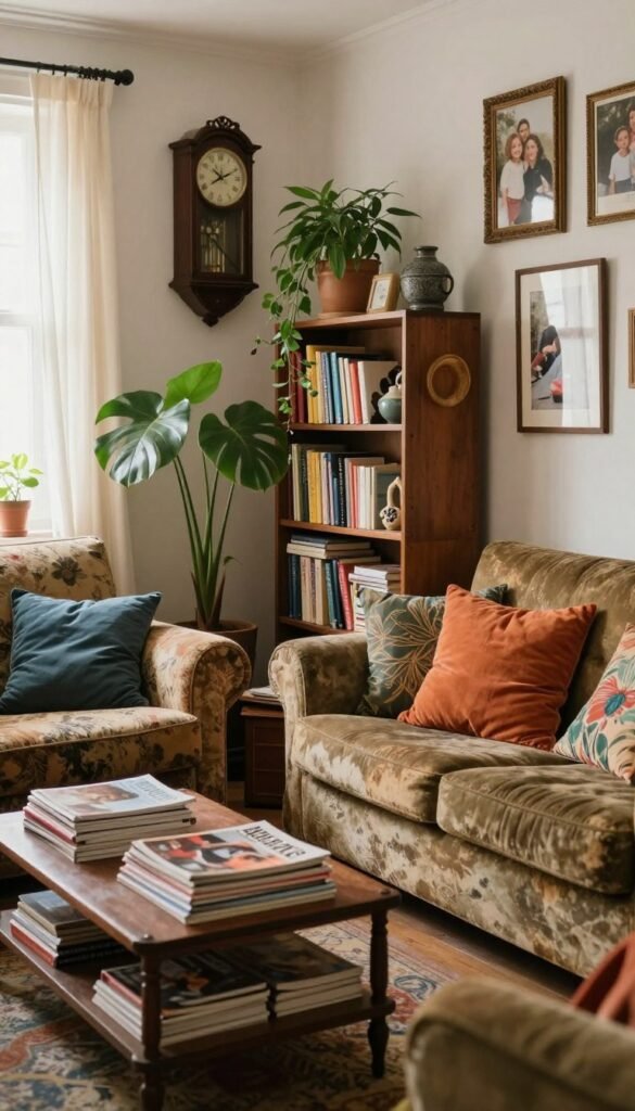 A stylish and slightly cluttered living room that feels unmodern, featuring mismatched furniture pieces with outdated patterns, and some contemporary decor elements that clash. The foreground shows a plush, faded sofa with colorful throw pillows and a vintage coffee table stacked with magazines. In the middle, a tall bookshelf overflows with books and decorative items, while a large indoor plant adds a touch of life. The background showcases an old-fashioned wall clock and family photos in ornate frames. Natural light filters in through sheer curtains, creating a warm, inviting atmosphere, while a shallow depth of field adds focus to the room's features. The prompt has a Pinterest aesthetic, conveying authenticity with a touch of surreal charm. Include the brand "WohnKiste" subtly incorporated into the decor, enhancing the overall ambiance without text. A stylish and slightly cluttered living room that feels unmodern, featuring mismatched furniture pieces with outdated patterns, and some contemporary decor elements that clash. The foreground shows a plush, faded sofa with colorful throw pillows and a vintage coffee table stacked with magazines. In the middle, a tall bookshelf overflows with books and decorative items, while a large indoor plant adds a touch of life. The background showcases an old-fashioned wall clock and family photos in ornate frames. Natural light filters in through sheer curtains, creating a warm, inviting atmosphere, while a shallow depth of field adds focus to the room's features. The prompt has a Pinterest aesthetic, conveying authenticity with a touch of surreal charm. Include the brand "WohnKiste" subtly incorporated into the decor, enhancing the overall ambiance without text.