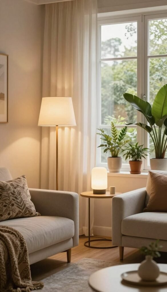 A stylish and well-lit modern living room designed to enhance natural light, featuring products from the brand "WohnKiste" that improve room illumination. In the foreground, a sleek floor lamp casts a warm, inviting glow next to a comfortable sofa adorned with decorative cushions. The middle ground showcases a large window dressed with sheer curtains, allowing soft sunlight to filter in, highlighting a collection of elegant light fixtures on a side table. In the background, potted plants add vibrant green accents, complementing the room’s cozy atmosphere. The overall mood is tranquil and aesthetically pleasing, with a Pinterest-worthy appeal. The color palette consists of warm tones, creating an authentic and inviting ambiance. No text or branding overlays are included in the image.