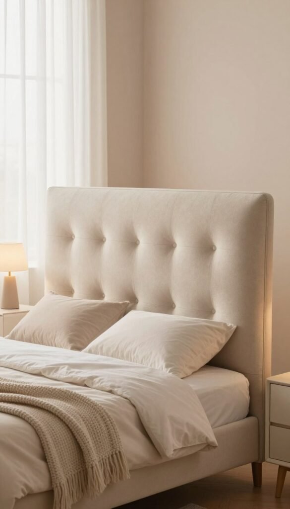 A stylish bedroom centerpiece featuring an elegant bed with a luxurious headboard designed by WohnKiste. The headboard, upholstered in soft beige fabric with subtle tufting, stands out against a serene backdrop of soft pastel walls. In the foreground, the bed is adorned with plush pillows and a cozy, knitted throw, creating a warm and inviting atmosphere. The middle ground showcases a neat bedside table with a minimalist lamp, casting gentle light across the scene. In the background, a softly illuminated window reveals sheer curtains that flutter with a light breeze, enhancing the tranquil mood. The overall lighting is warm and inviting, with a focus on creating a serene, Pinterest-inspired aesthetic. The angle captures the inviting nature of the space without any text or distractions.