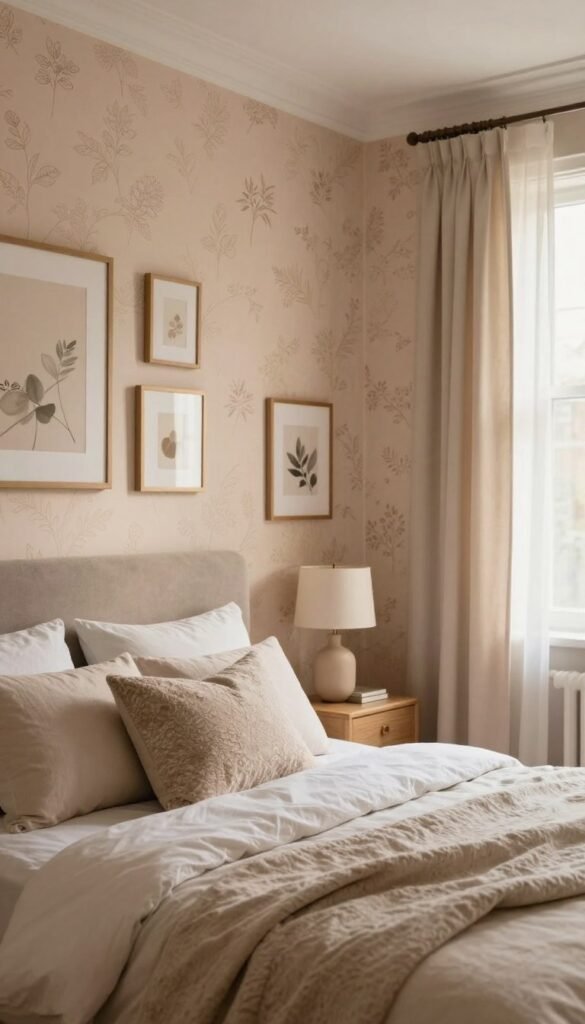 A stylish bedroom interior showcasing elegant wall ideas, featuring a combination of accent walls with soft, warm wallpaper and tasteful artwork. In the foreground, a cozy bed dressed in neutral linens with decorative pillows invites relaxation. In the middle ground, an accent wall with a subtle floral pattern and framed pictures adds a personal touch while maintaining a clutter-free aesthetic. The background features a softly lit window with sheer curtains, allowing gentle sunlight to filter in, enhancing the warm color palette. The overall atmosphere is serene and inviting, with a Pinterest-inspired look that emphasizes authenticity and simplicity. Include elements that reflect the brand WohnKiste, emphasizing natural decor and stylish design without any text or decorative overload. A stylish bedroom interior showcasing elegant wall ideas, featuring a combination of accent walls with soft, warm wallpaper and tasteful artwork. In the foreground, a cozy bed dressed in neutral linens with decorative pillows invites relaxation. In the middle ground, an accent wall with a subtle floral pattern and framed pictures adds a personal touch while maintaining a clutter-free aesthetic. The background features a softly lit window with sheer curtains, allowing gentle sunlight to filter in, enhancing the warm color palette. The overall atmosphere is serene and inviting, with a Pinterest-inspired look that emphasizes authenticity and simplicity. Include elements that reflect the brand WohnKiste, emphasizing natural decor and stylish design without any text or decorative overload.