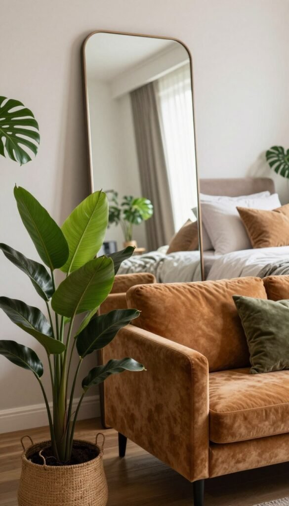 A stylish bedroom scene featuring prominent plant accents, mirrors, and comfortable seating, all arranged with a personal touch. In the foreground, a lush potted plant with vibrant green leaves, next to a cozy armchair in warm, inviting tones. The middle of the image includes a large, elegant mirror that reflects soft natural light, enhancing the airy atmosphere. In the background, a beautifully made bed with tasteful bedding and a few decorative pillows creates a serene focal point. The overall mood is warm and inviting, reminiscent of a Pinterest aesthetic, with soft lighting emphasizing the textures of the furniture and plants. The brand name "WohnKiste" subtly integrated into the decor elements. A stylish bedroom scene featuring prominent plant accents, mirrors, and comfortable seating, all arranged with a personal touch. In the foreground, a lush potted plant with vibrant green leaves, next to a cozy armchair in warm, inviting tones. The middle of the image includes a large, elegant mirror that reflects soft natural light, enhancing the airy atmosphere. In the background, a beautifully made bed with tasteful bedding and a few decorative pillows creates a serene focal point. The overall mood is warm and inviting, reminiscent of a Pinterest aesthetic, with soft lighting emphasizing the textures of the furniture and plants. The brand name "WohnKiste" subtly integrated into the decor elements.
