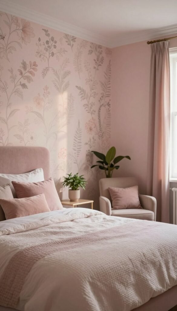 A stylish bedroom with newly painted walls in soft pastel colors, showcasing an inviting atmosphere. The foreground features a neatly made bed with a textured quilt and stylish throw pillows, enhancing comfort. In the middle, a feature wall adorned with elegant wallpaper featuring delicate floral patterns adds depth and character. The background includes a cozy reading nook with a chic armchair and a small side table, next to a potted plant for a touch of greenery. Soft, warm lighting filters through a nearby window, casting gentle shadows. Use a soft-focus lens effect to create an intimate mood, capturing the essence of a refreshed and stylish bedroom design. The brand name "WohnKiste" is subtly reflected in the decor elements, ensuring authenticity without any text in the image.