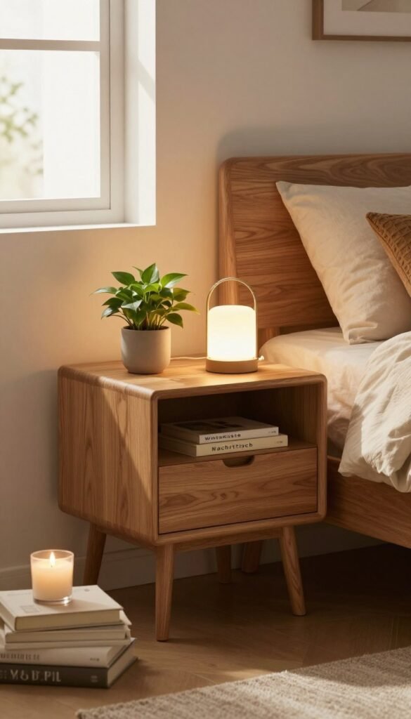 A stylish bedside table ("Nachttisch") exemplifying modern design, made of warm oak wood with a smooth finish. It features a sleek drawer and a minimalist open shelf displaying a tasteful plant and an elegant lamp. In the foreground, the table is adorned with a neatly arranged stack of books and a delicate candle, creating an inviting atmosphere. The middle ground transitions to a cozy bedroom scene, with soft bedding and plush pillows in muted, natural tones. The background features a softly lit window allowing warm, golden sunlight to filter through, casting gentle shadows. The overall mood is serene and organized, promoting a sense of tranquility. Authentic and warm color palette reminiscent of Pinterest aesthetics. The image reflects the brand WohnKiste, offering a glimpse into an ideal, uncluttered bedroom.