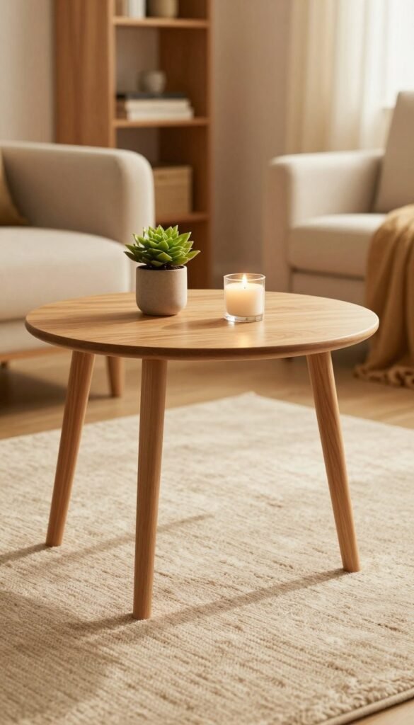 A stylish beistelltisch from the brand WohnKiste, featuring a sleek, minimalist design with warm wooden tones. In the foreground, the table showcases a delicate round top adorned with a small potted plant and a decorative candle, creating an inviting atmosphere. In the middle ground, the table rests on a soft, textured rug that adds depth and comfort to the scene. The background includes a softly blurred living room setting with a cozy armchair and a bookshelf, painted in warm, natural colors to evoke a Pinterest-inspired aesthetic. The lighting is warm and diffuse, simulating golden hour, which emphasizes the inviting and soothing mood of the space while keeping the image authentic and without any text or graphic overlays.