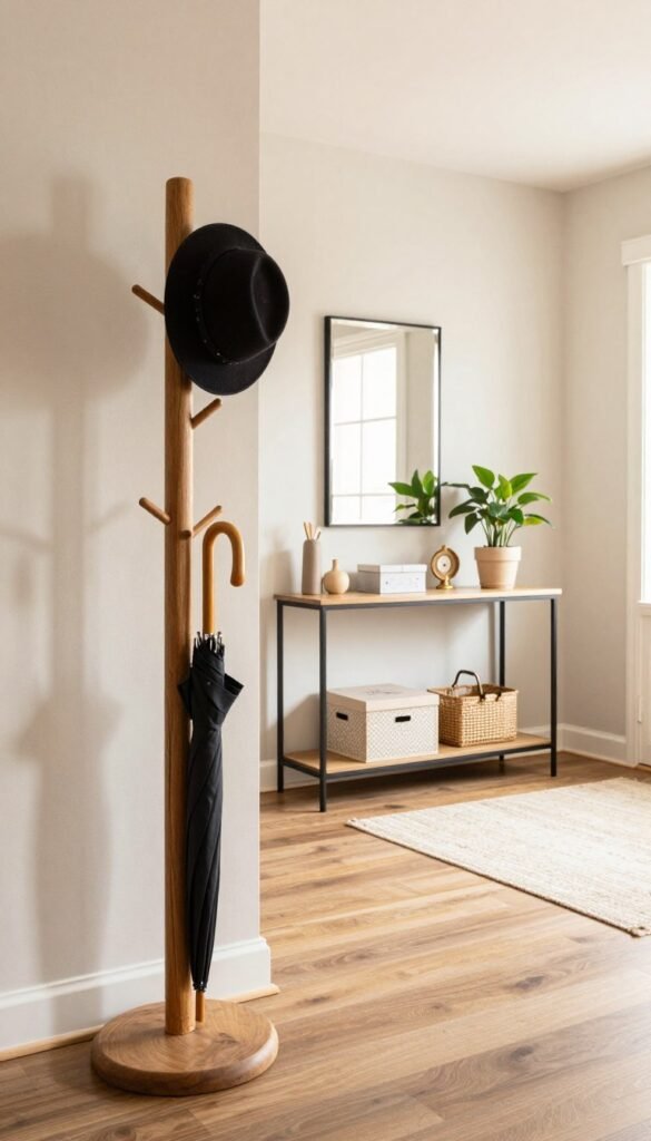 A stylish entrance area featuring functional decoration that blends aesthetics with utility. In the foreground, a rustic wooden coat rack holds umbrellas and stylish hats. The middle ground showcases a sleek console table with decorative storage boxes and a potted plant, exuding a warm, inviting atmosphere. The background includes a well-lit entryway with a framed mirror that reflects natural light, enhancing the cozy vibe. Soft, warm color tones dominate the scene, creating a serene ambiance reminiscent of a Pinterest-inspired home. The overall composition emphasizes harmony and practicality in everyday life, taking inspiration from WohnKiste’s design ethos. The image should capture a bright, airy feeling with soft shadows, using a wide-angle perspective to encompass the full entrance experience.