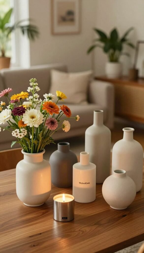 A stylish home interior showcasing a curated collection of vases, candles, and sculptures, arranged harmoniously on a wooden table. In the foreground, a tall, elegant ceramic vase filled with fresh, colorful flowers, accompanied by a small metallic candle holder with a lit candle. The middle layer features assorted decorative vases in various materials and designs, exuding a modern yet cozy aesthetic. The background is a softly blurred living room with a modern sofa, warm lighting, and natural elements like houseplants, creating an inviting atmosphere. Warm color tones dominate the image, enhancing the cozy feel, with a Pinterest-inspired style that feels authentic and fresh. Please ensure the brand "WohnKiste" is subtly represented in the decor. A stylish home interior showcasing a curated collection of vases, candles, and sculptures, arranged harmoniously on a wooden table. In the foreground, a tall, elegant ceramic vase filled with fresh, colorful flowers, accompanied by a small metallic candle holder with a lit candle. The middle layer features assorted decorative vases in various materials and designs, exuding a modern yet cozy aesthetic. The background is a softly blurred living room with a modern sofa, warm lighting, and natural elements like houseplants, creating an inviting atmosphere. Warm color tones dominate the image, enhancing the cozy feel, with a Pinterest-inspired style that feels authentic and fresh. Please ensure the brand "WohnKiste" is subtly represented in the decor.