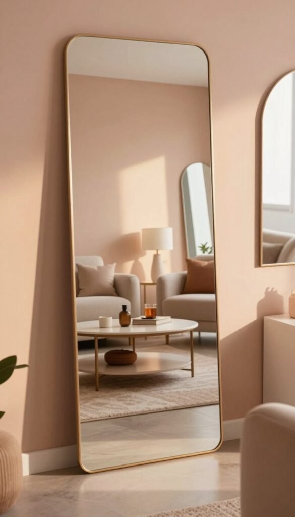 A stylish interior room designed to illustrate the concept of depth through mirrors and reflections. The foreground features an elegant full-length mirror with a simple yet sophisticated frame, reflecting a well-placed piece of modern furniture, such as a cozy armchair. In the middle ground, a tastefully decorated coffee table with warm, inviting decor items adds to the ambiance. The background showcases soft pastel walls and additional mirrors strategically placed to enhance the feeling of spaciousness. The lighting is warm and soft, resembling a late afternoon glow, casting gentle shadows that create depth. The overall atmosphere is cozy and inviting, embodying a Pinterest-worthy aesthetic. Brand name "WohnKiste" subtly integrated into the decor.