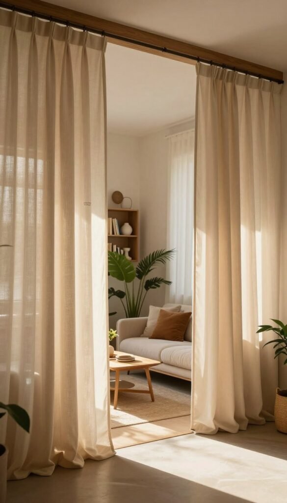 A stylish interior scene featuring room dividers made of elegant curtains. In the foreground, soft, flowing curtains in warm, natural tones cascade gracefully from a wooden ceiling beam, creating a cozy separation between two distinct living areas. In the middle, a cozy seating arrangement with a small coffee table and lush plants enhances the focus on the room's functionality. The background showcases a well-lit space with bookshelves and decorative items, emphasizing an open yet defined atmosphere. The lighting is warm and inviting, resembling late afternoon sunlight filtering through the curtains, casting gentle shadows. The overall mood is serene and aesthetically pleasing, with a Pinterest-style authenticity. Include the subtle branding of "WohnKiste" in a tasteful manner within the decor.