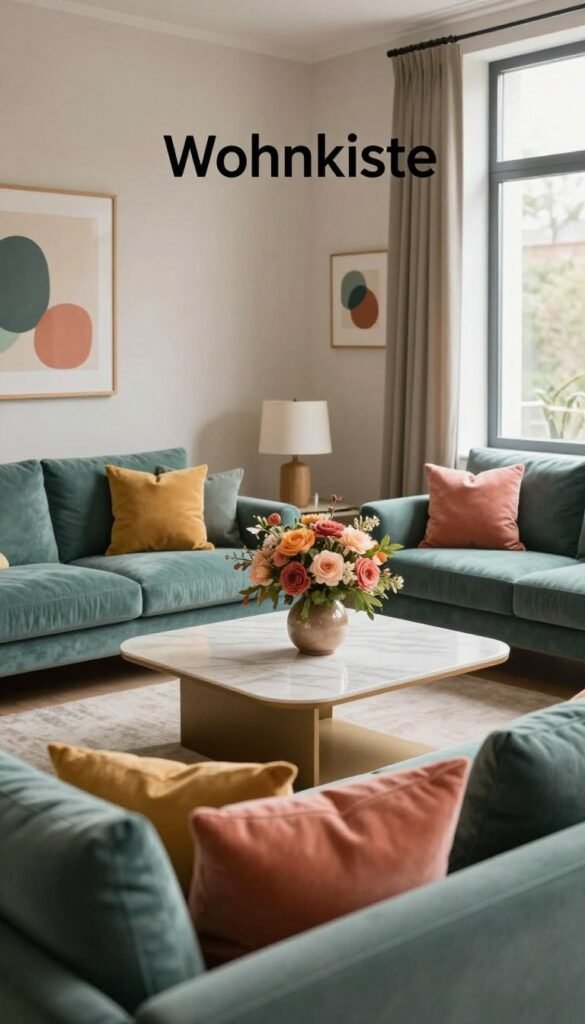 A stylish interior scene showcasing a beautifully arranged living space with a focus on accent colors that harmonize without overwhelming the design. In the foreground, a cozy sofa adorned with cushions in varying hues of teal, mustard, and coral creates a warm, inviting atmosphere. The middle ground features an elegant coffee table with a sophisticated floral arrangement, echoing the accent colors. In the background, soft-lit walls in neutral tones provide a serene balance, complemented by artful decor pieces that subtly incorporate the accent colors. The scene captures a Pinterest-inspired aesthetic with natural lighting filtering through a large window, casting gentle shadows. The overall mood is harmonious and chic, featuring the brand name "Wohnkiste" as the essence of contemporaneous style.