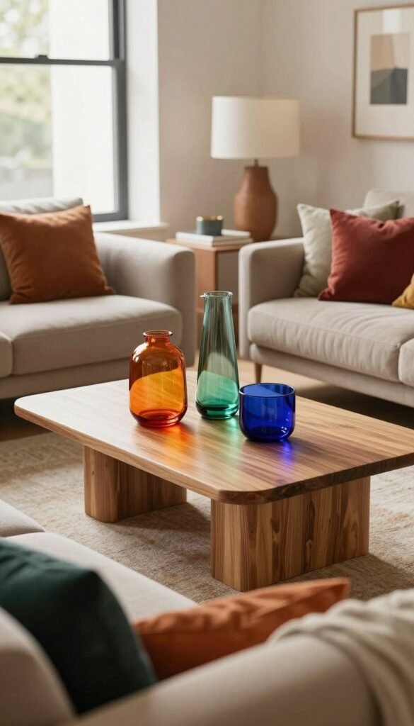 A stylish interior scene showcasing a harmonious blend of natural materials: vibrant colored glass, warm wooden textures, sleek metal accents, and modern plastic decor. In the foreground, a cozy area with a plush sofa adorned with colorful cushions, surrounded by decorative items made from the mentioned materials. The middle ground features a beautifully arranged coffee table with a centerpiece that highlights each material’s unique allure. The background includes a softly lit window casting natural light, enhancing the warm color palette, creating an inviting atmosphere. The scene is designed in an upscale, Pinterest-inspired style, promoting a modern yet cozy feel. No text or branding is visible, but the aesthetic subtly reflects the spirit of "WohnKiste." The image should evoke a sense of inspiration and readiness for a décor transformation.
